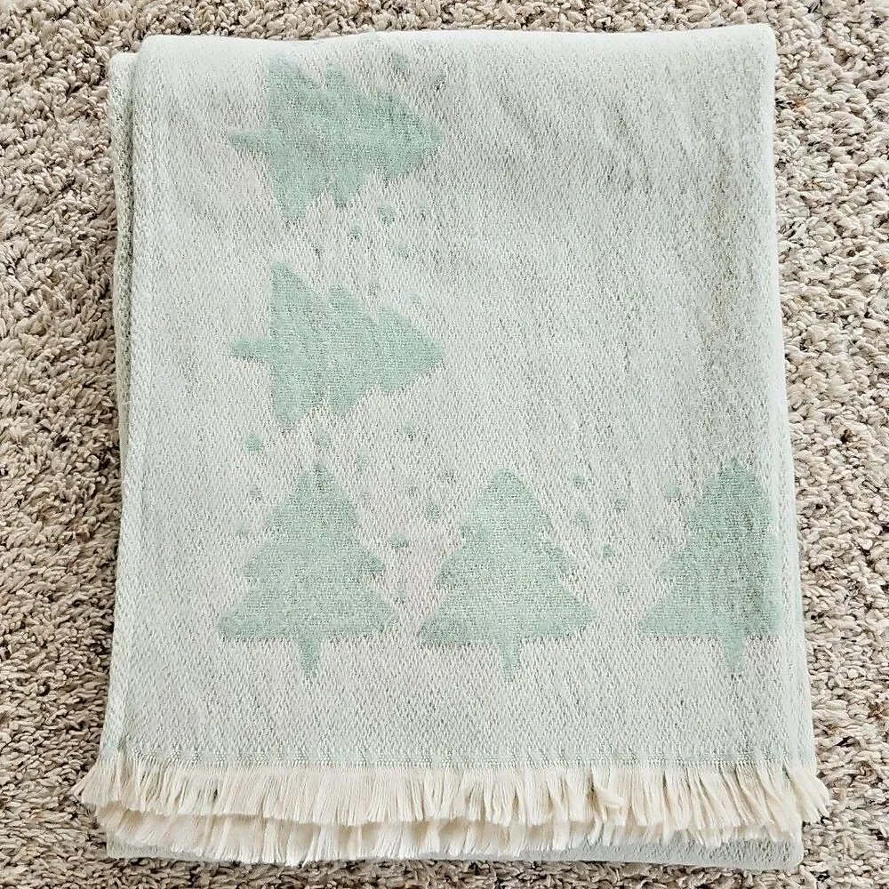Antonio Salgado Jacquard Christmas Blanket Soft Green Fuzzy Trees Cotton